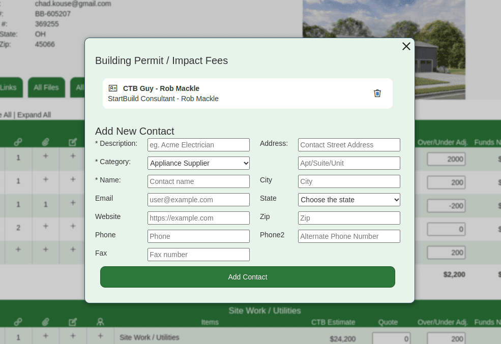 Budget Builder Screenshot showing a new contact attachment